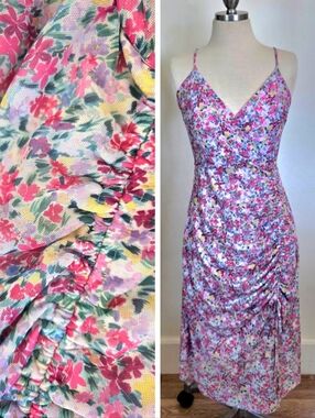 BCBG Floral Ruched Midi Slip Dress V-neck Stretch Spring Coquette Cottagecore